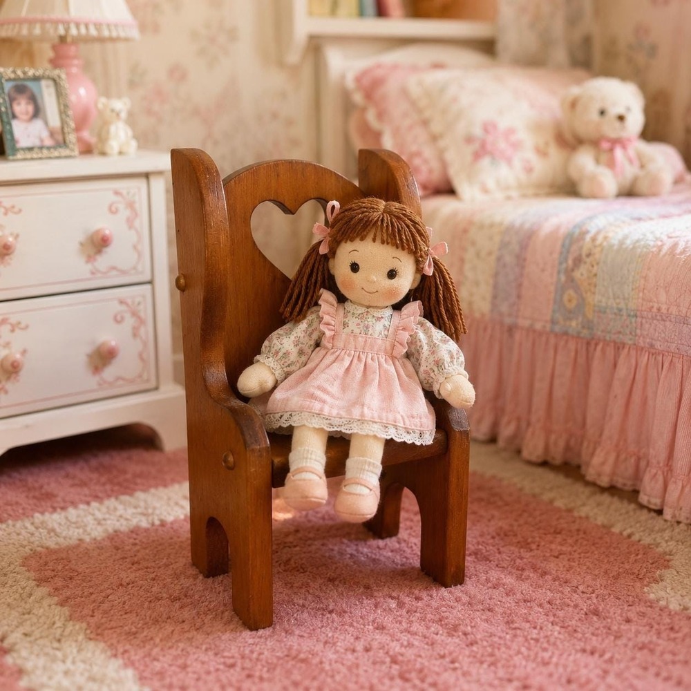 VTG Wooden Doll Chair with Heart Cutout Child's Toy Doll Furniture 80s cottage
